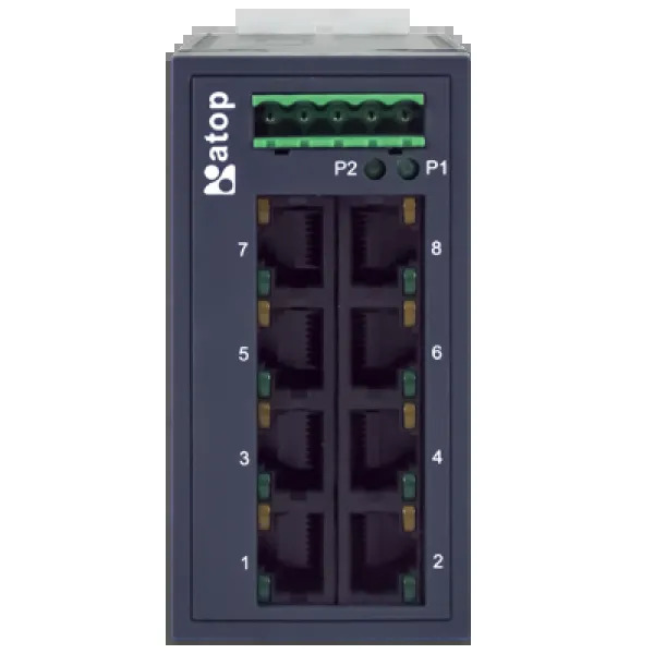 EH2008-400x400-F ATOP EH2008 Industrial 8-Port Unmanaged Ethernet Switch, 10/100 Mbps Fast Ethernet, 8× RJ45, Redundant 9–48 VDC Power, DIN-Rail/Wall Mount