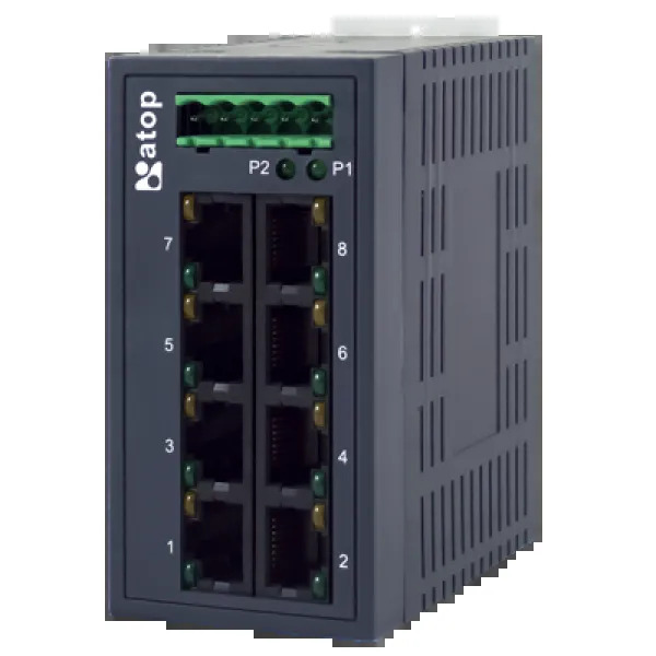 EH2008-400x400-L ATOP EH2008 Industrial 8-Port Unmanaged Ethernet Switch, 10/100 Mbps Fast Ethernet, 8× RJ45, Redundant 9–48 VDC Power, DIN-Rail/Wall Mount