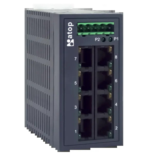 EH2008-400x400-R ATOP EH2008 Industrial 8-Port Unmanaged Ethernet Switch, 10/100 Mbps Fast Ethernet, 8× RJ45, Redundant 9–48 VDC Power, DIN-Rail/Wall Mount